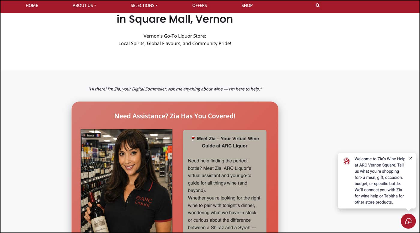 Zia wine help page with ARC branded live chat welcome message