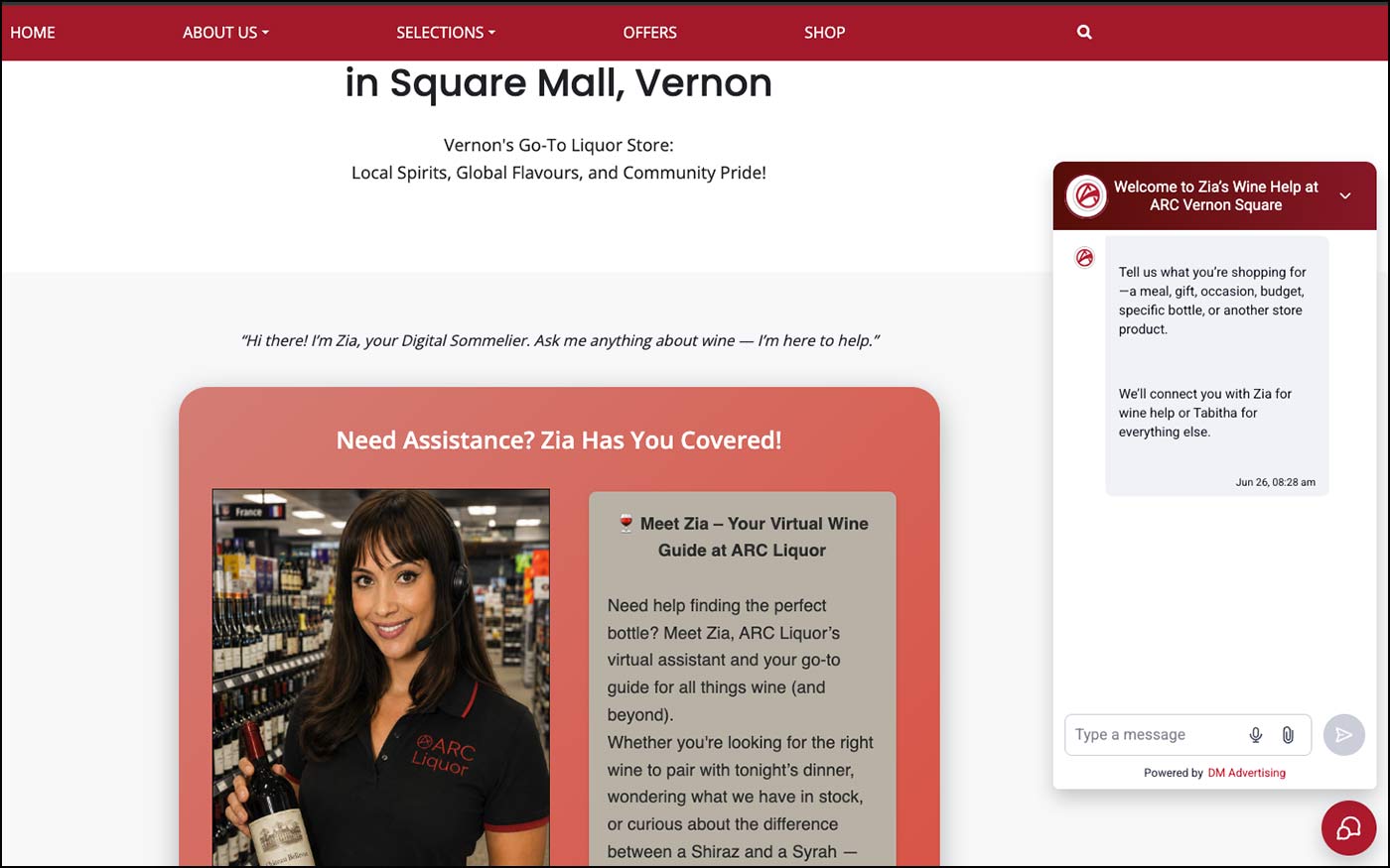 ARC Vernon Square wine help live chat opened beside Zia page