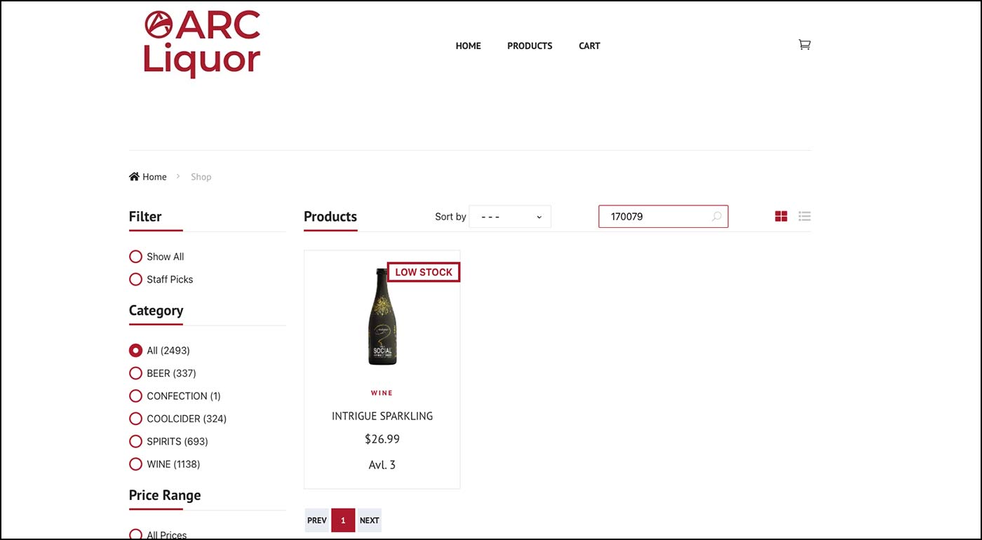 Vernon Square online store showing Intrigue Sparkling price and live availability