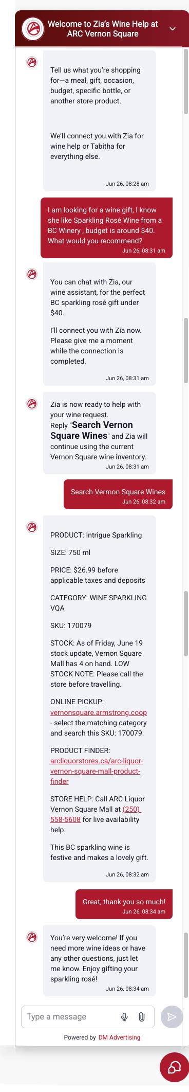 Full Zia conversational AI wine gift recommendation chat