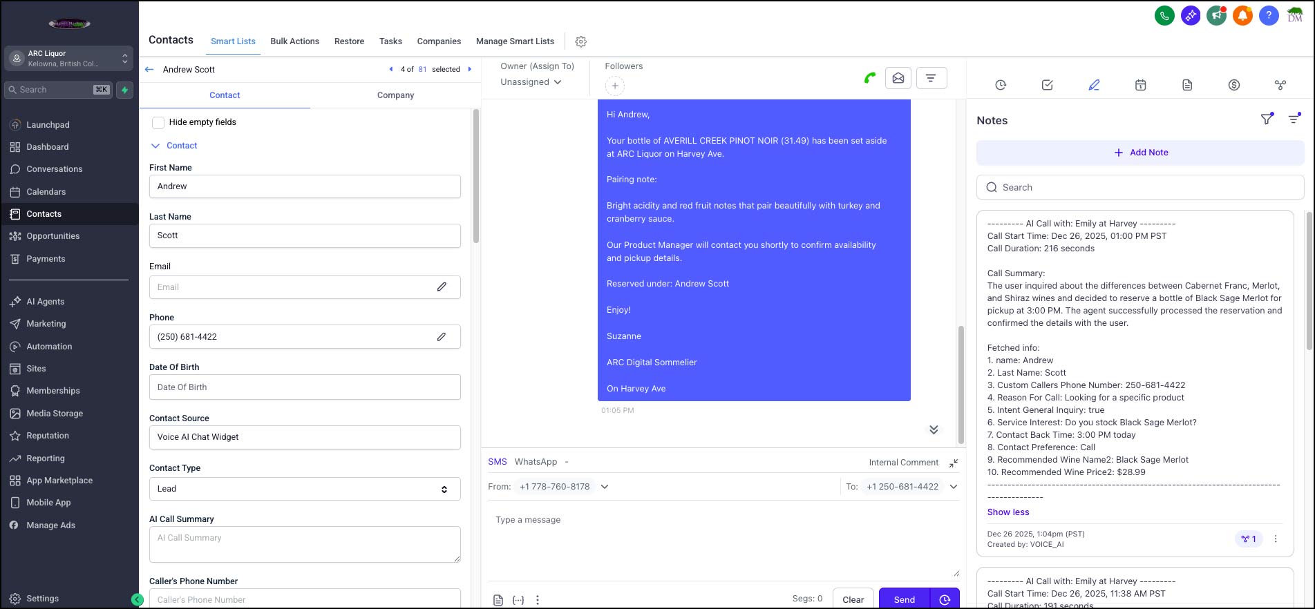 image of a GHL software in action, working on the Averill Creek wine recommendation from Emily