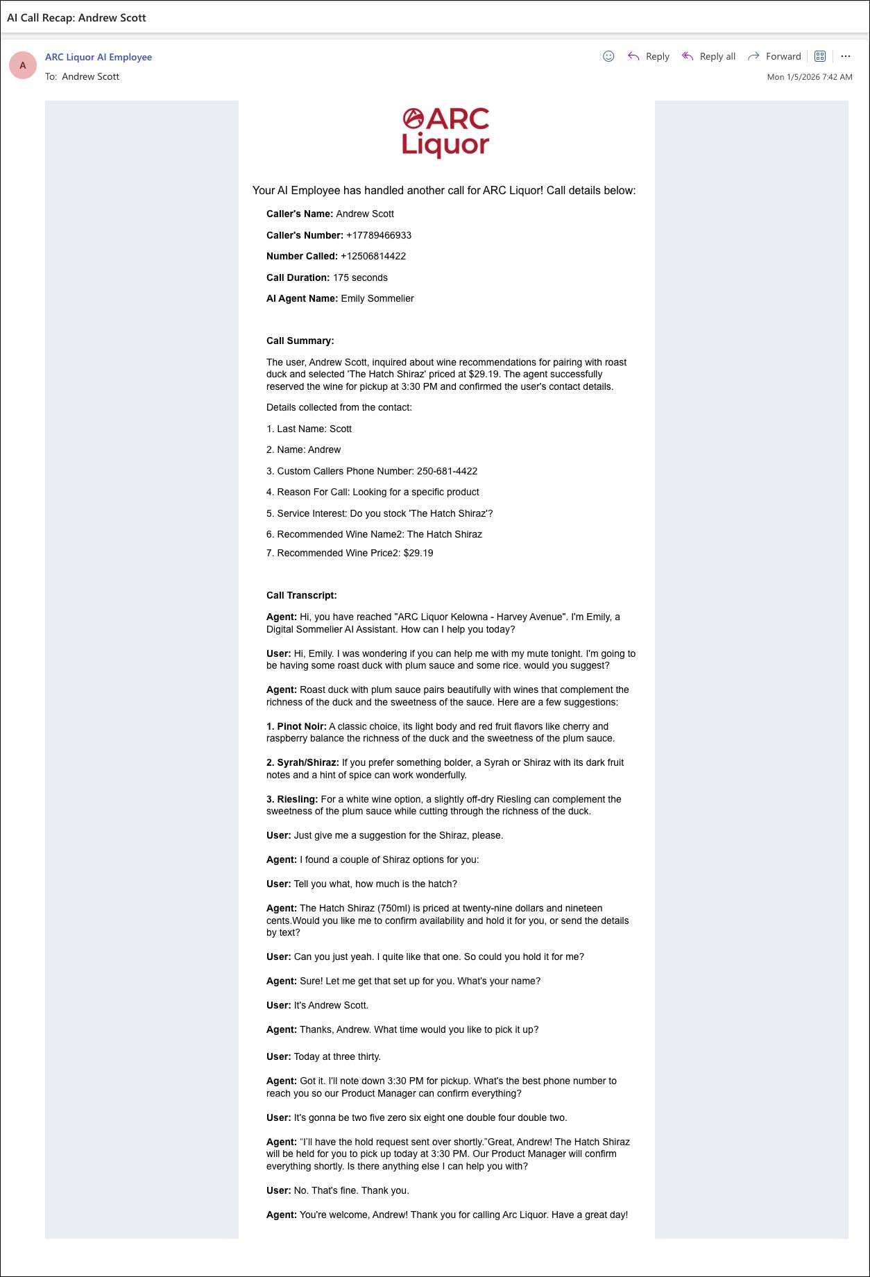 image of an email that the AI sent to the store manager.