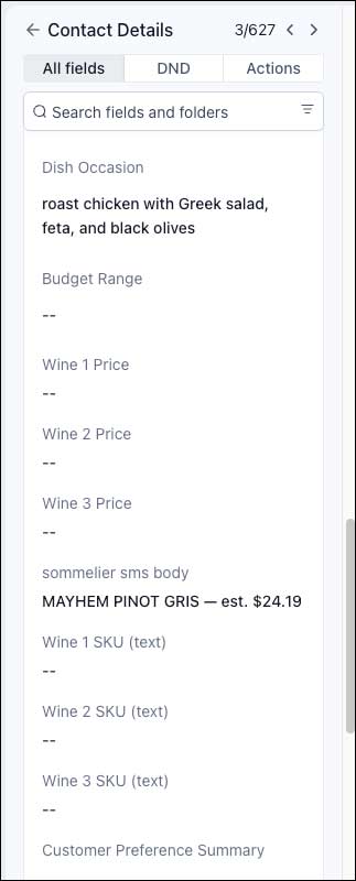 Claire AI Sommelier dish occasion and recommendation fields in GHL