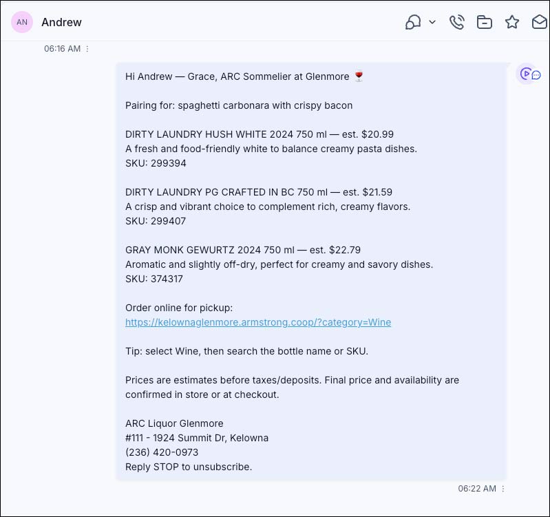Grace AI Sommelier SMS wine recommendation for ARC Liquor Glenmore