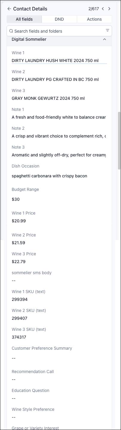 Grace AI Sommelier wine recommendation fields populated in GHL