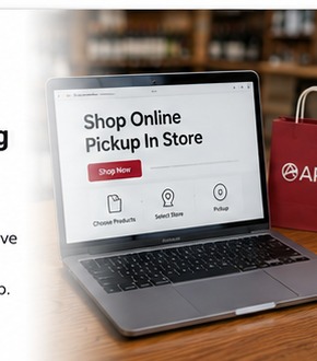 Online ordering and store pickup displayed on a laptop