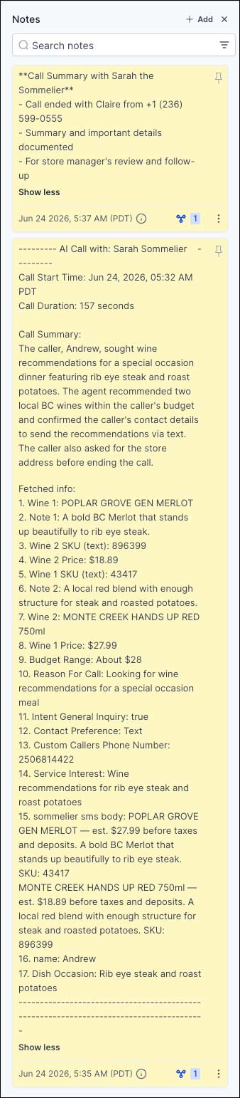 Sarah AI Sommelier internal call note in GHL