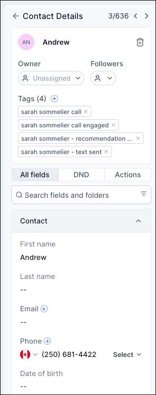 Sarah AI Sommelier customer identity and phone number in GHL