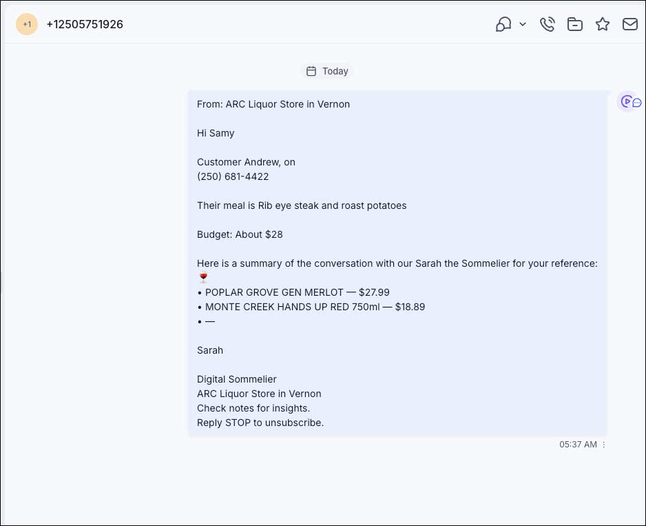 Sarah AI Sommelier manager SMS notification